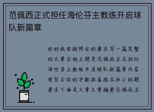 范佩西正式担任海伦芬主教练开启球队新篇章